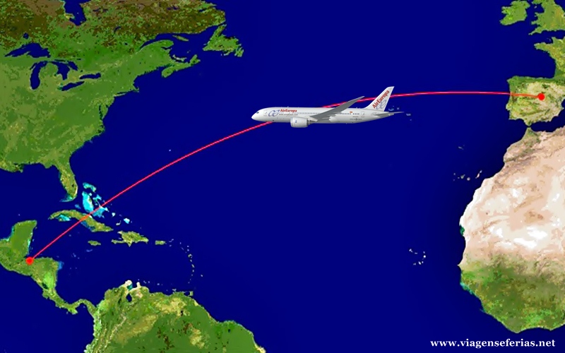 Rota do voo da Air Europa entre Madrid em Espanha e Honduras na América Latina