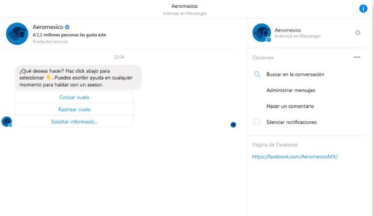 Um interacção do Aerobot da AeroMexico no Facebook Messenger