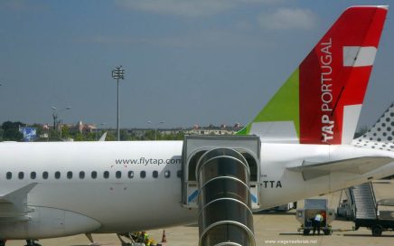 avião da TAP no aeroporto de Lisboa na rota para Budapeste e Bucareste