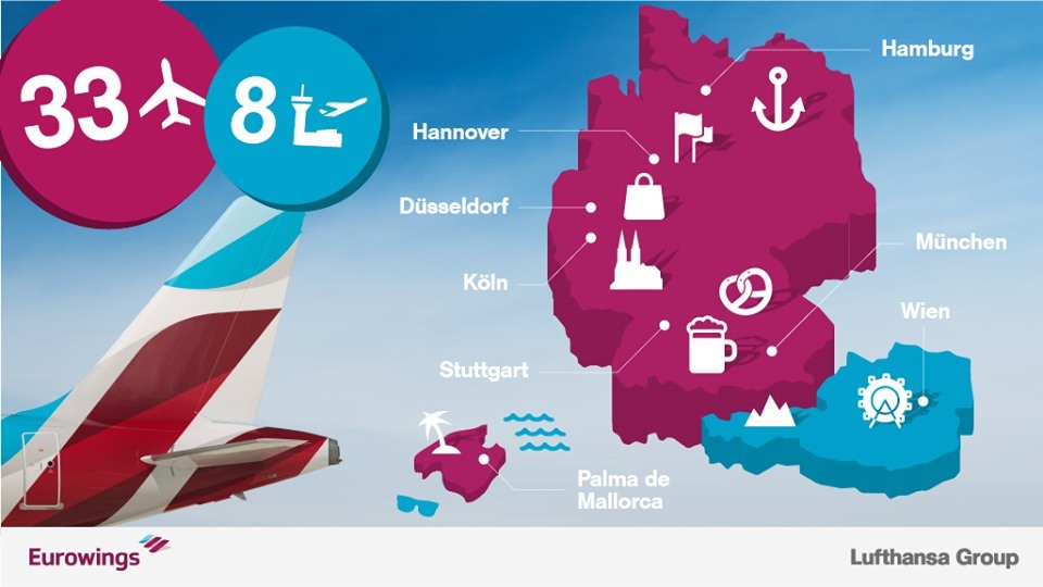 As 8 bases da companhia low cost Eurowings operacionais em 2017