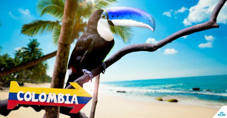Cartaz da KLM promovendo os seus voos para a Colômbia: Bogotá e Cartagena