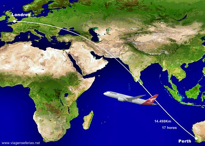 Rotas dos voos Qantas Airways entre Perth na Austrália e Londres