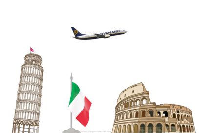 Avião da Alitália com a Torre de Pisa e Coliseu de Roma em Itália