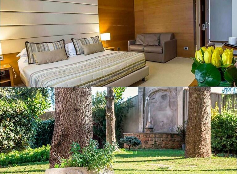Quarto e jardins do hotel Occidental Aurelia em Roma do grupo Barceló