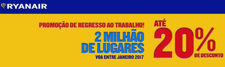 Promoção de 20% de desconto em voos Ryanair no mês de Janeiro