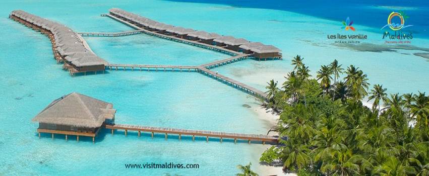 Resort nas ilhas Vanille nas Maldivas em cartaz da VisitMaldives