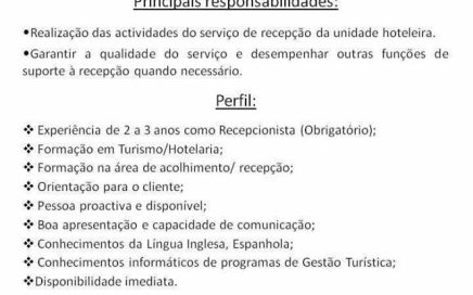 Oferta de emprego para recepcionista no hotel ÁguaHotels no Algarve
