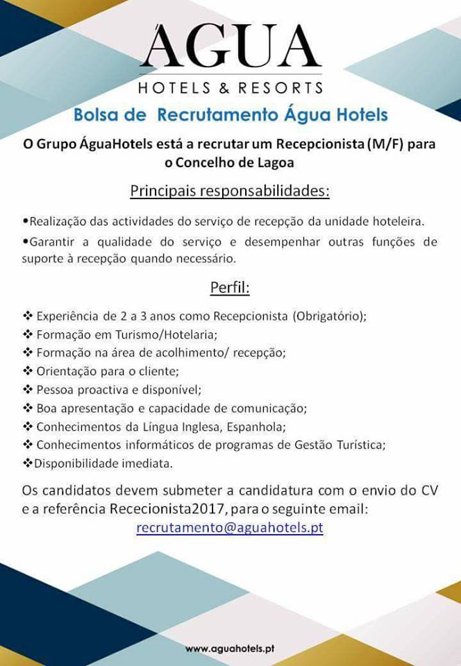 Oferta de emprego para recepcionista no hotel ÁguaHotels no Algarve