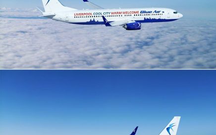 Aeronave da companhia Blue Air sediada no aeroporto de Liverpool