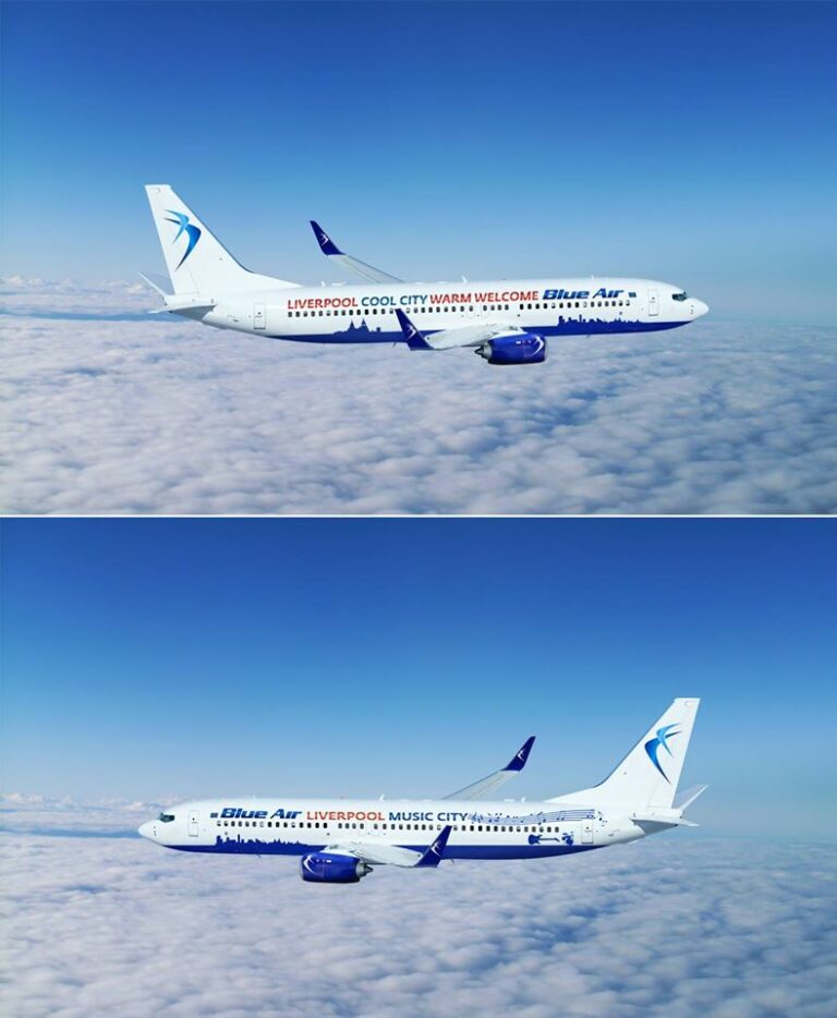 Aeronave da companhia Blue Air sediada no aeroporto de Liverpool