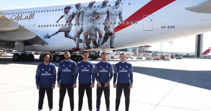 Marcelo, Benzema, Cristiano Ronaldo, Sergio Ramos e Gareth Bale ao vivo e na pintura do A380 da Emirates