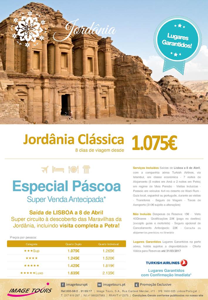 Partida 8 de Abril para 7 noites na Jordânia em Férias da Páscoa