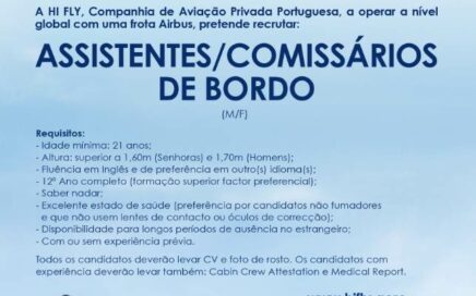 Open day no dia 27 para Emprego como Assistente de Bordo na Hi Fly