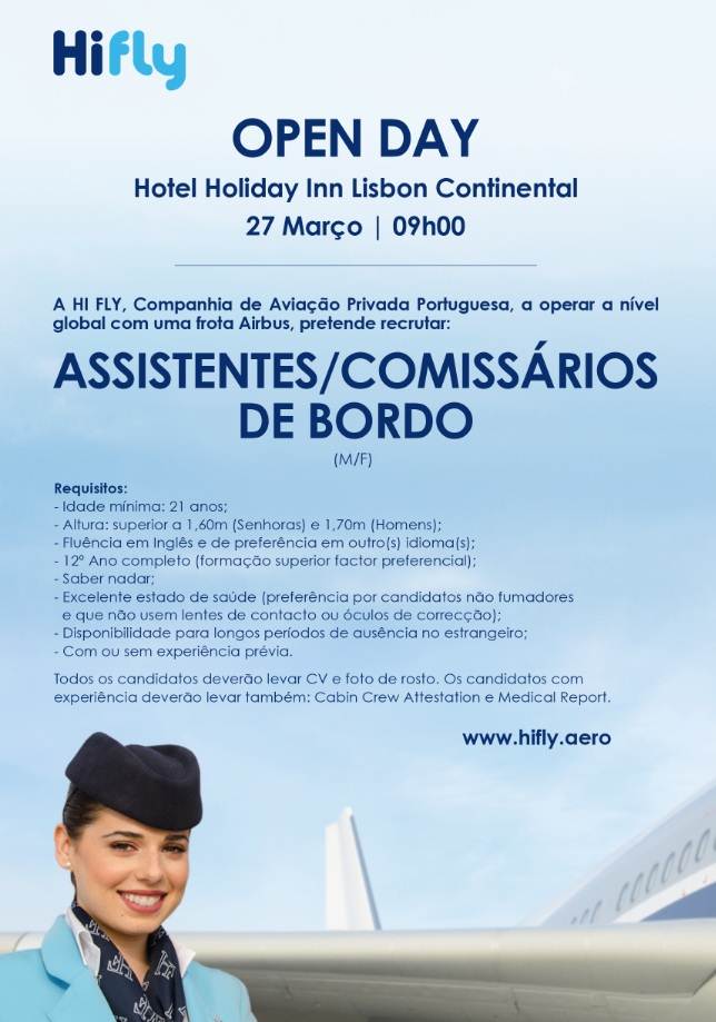 Open day no dia 27 para Emprego como Assistente de Bordo na Hi Fly