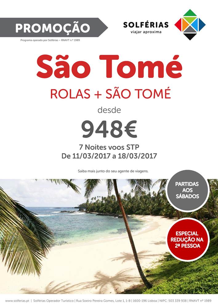 Combinados de 7 noites em São Tomé e ilha das Rolas em promoção para Março desde 948€