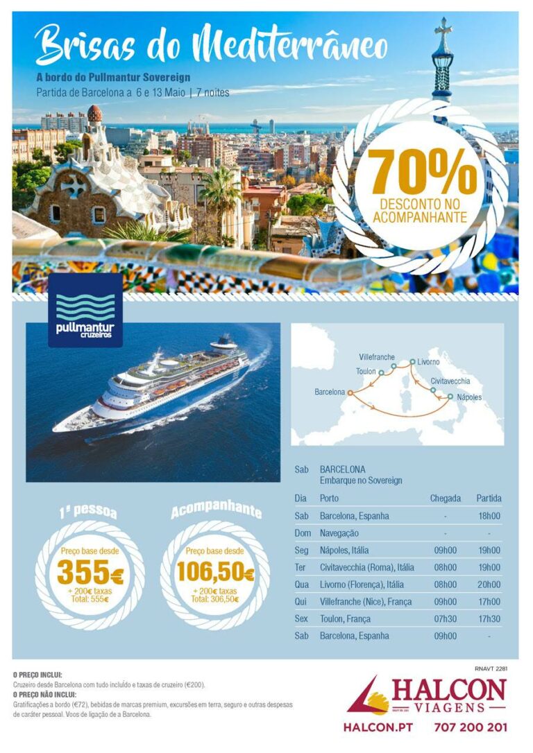 Promoção 70% para acompanhante em Cruzeiro Pullmantur desde Barcelona em Maio