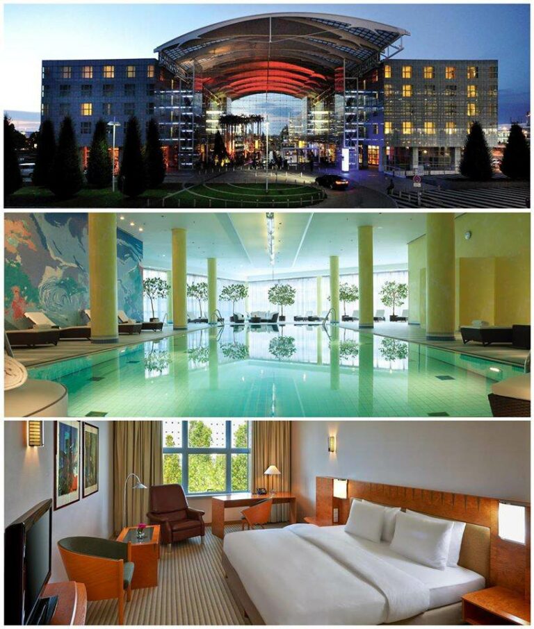 Edificio, Piscina e quarto do Hotel Hilton Aeroporto de Munique