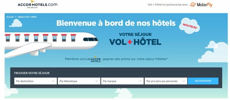 Pagina da Accorhotels onde disponibiliza o pacote voo e hotel