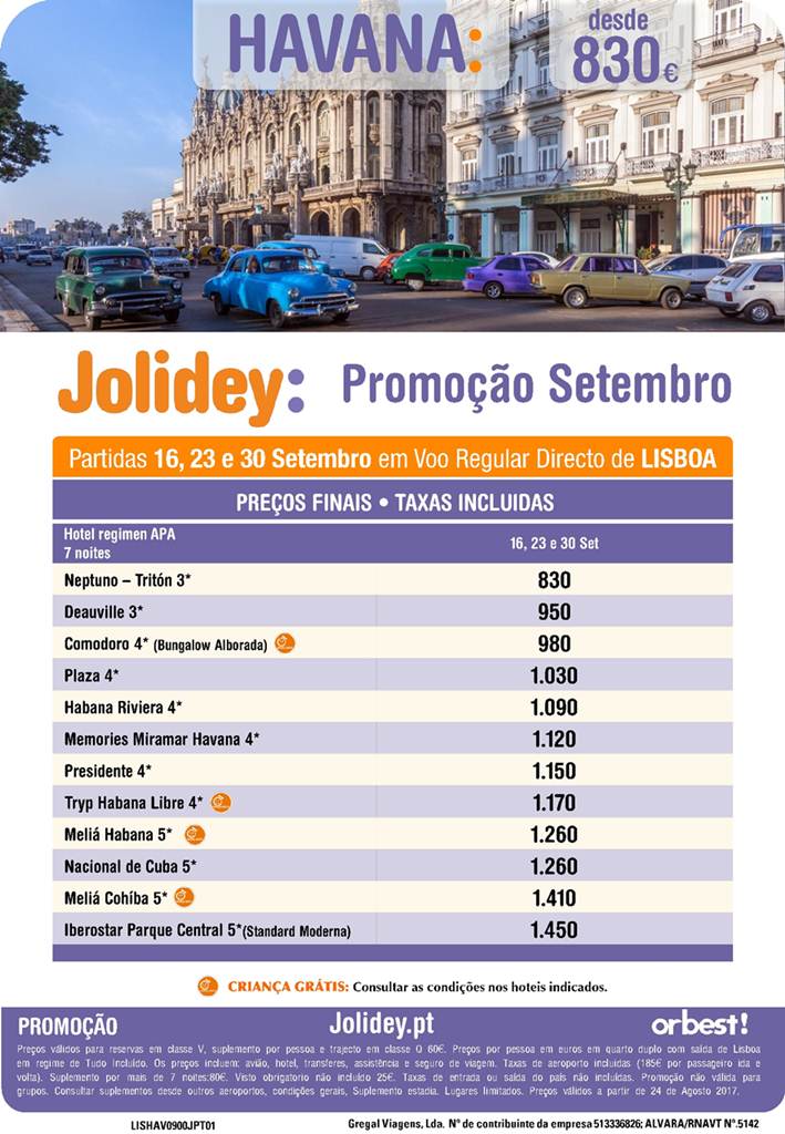 Promoção de férias para Setembro em Havana desde 830€ por pessoa