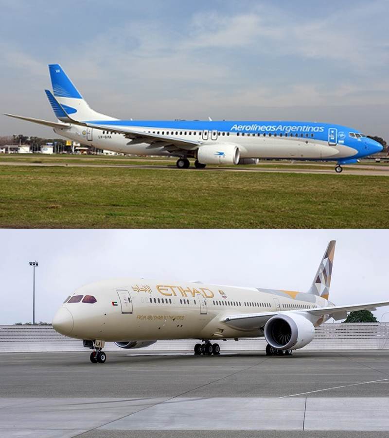 Aeronaves das companhias aéreas parceiras Etihad Airways e Aerolineas Argentinas