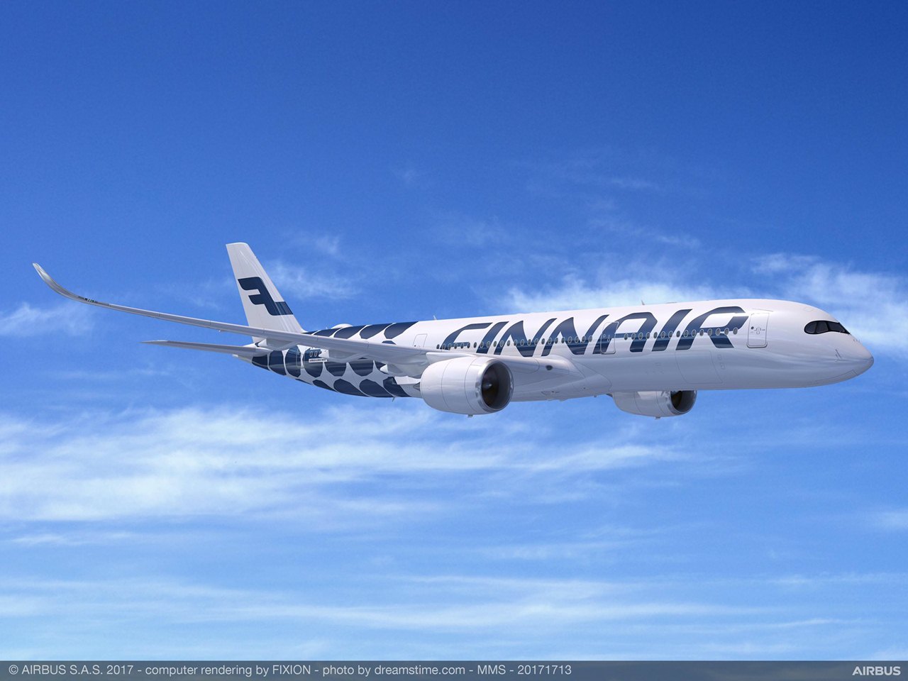 Rendering do Airbus A350 d Finnair com pintura da Marimekko