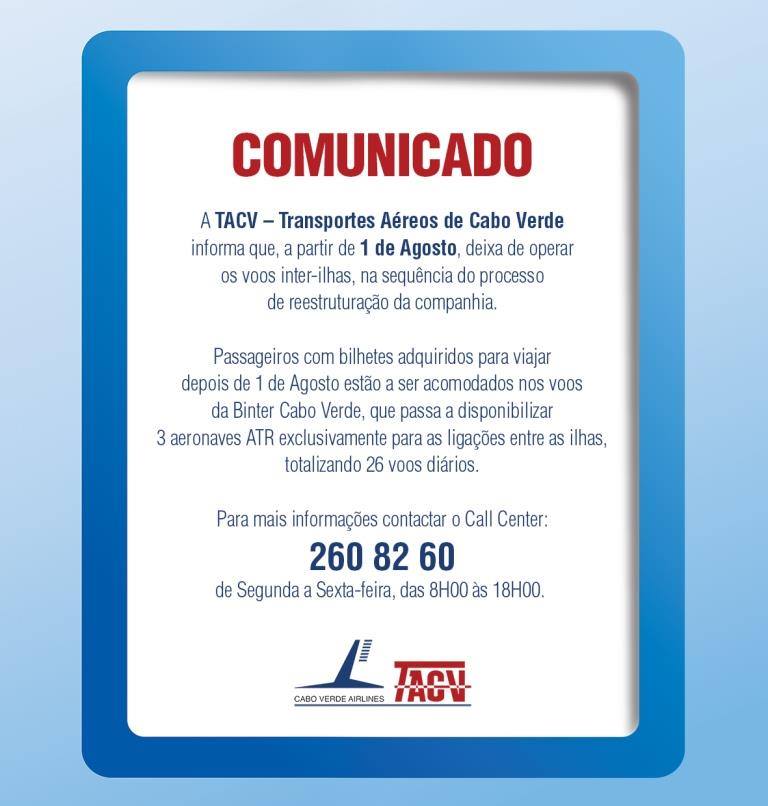 Comunicado dos TACV a indicar o fim dos voos inter-ilhas em Cabo Verde