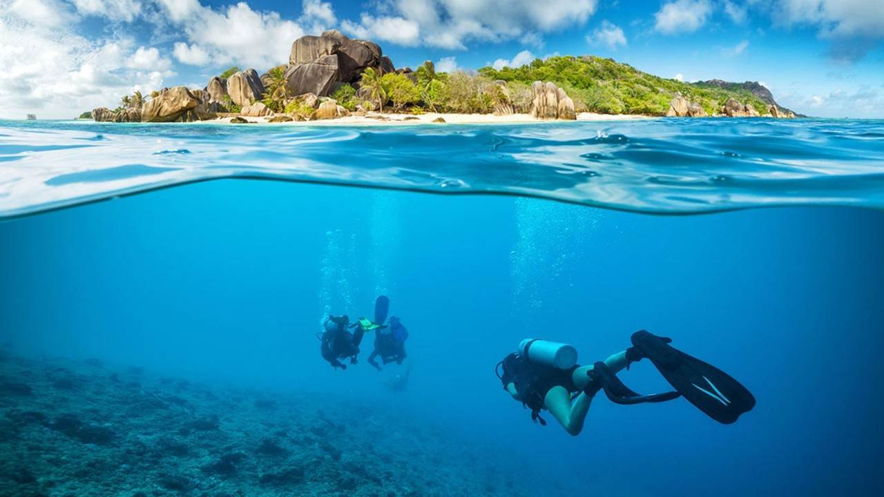 Mergulho nas águas cristalinas cheias de corais nas ilhas Seychelles