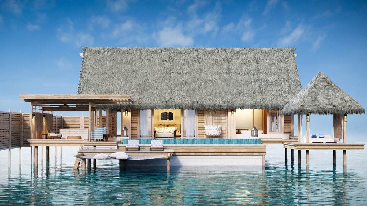 Uma das villas sobre a água do hotel Waldorf Astoria Maldivas