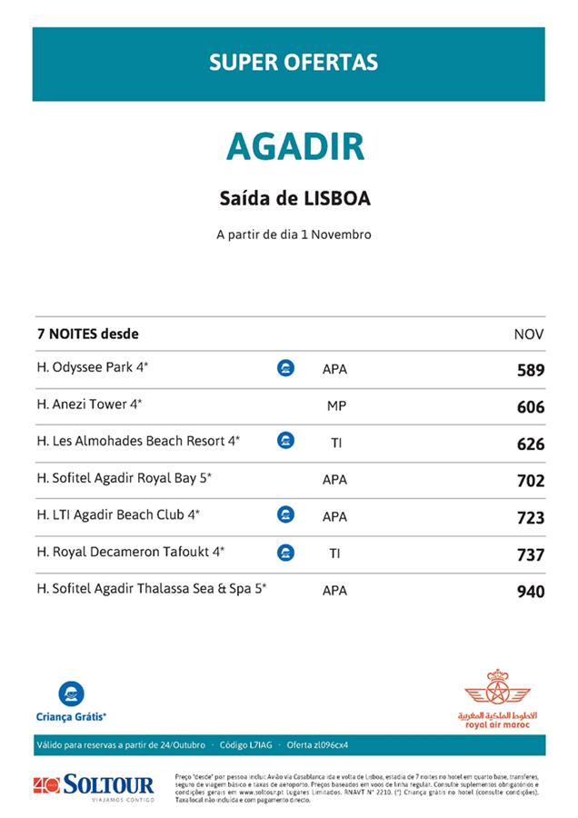 Pacote 7 dias de férias em Agadir desde 589€ partidas em Novembro