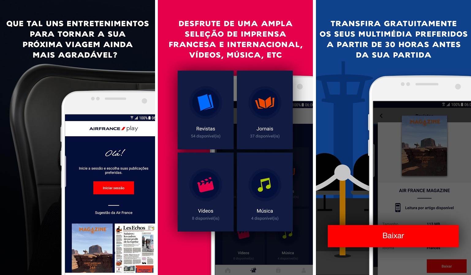 Ecrãs da aplicação gratuita Air France Play para Android e iOS