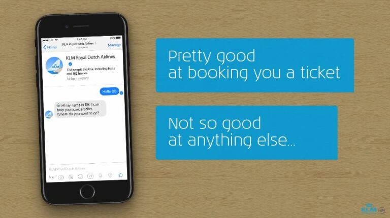 BB (BlueBot) da KLM no messenger dá respostas aos passageiros