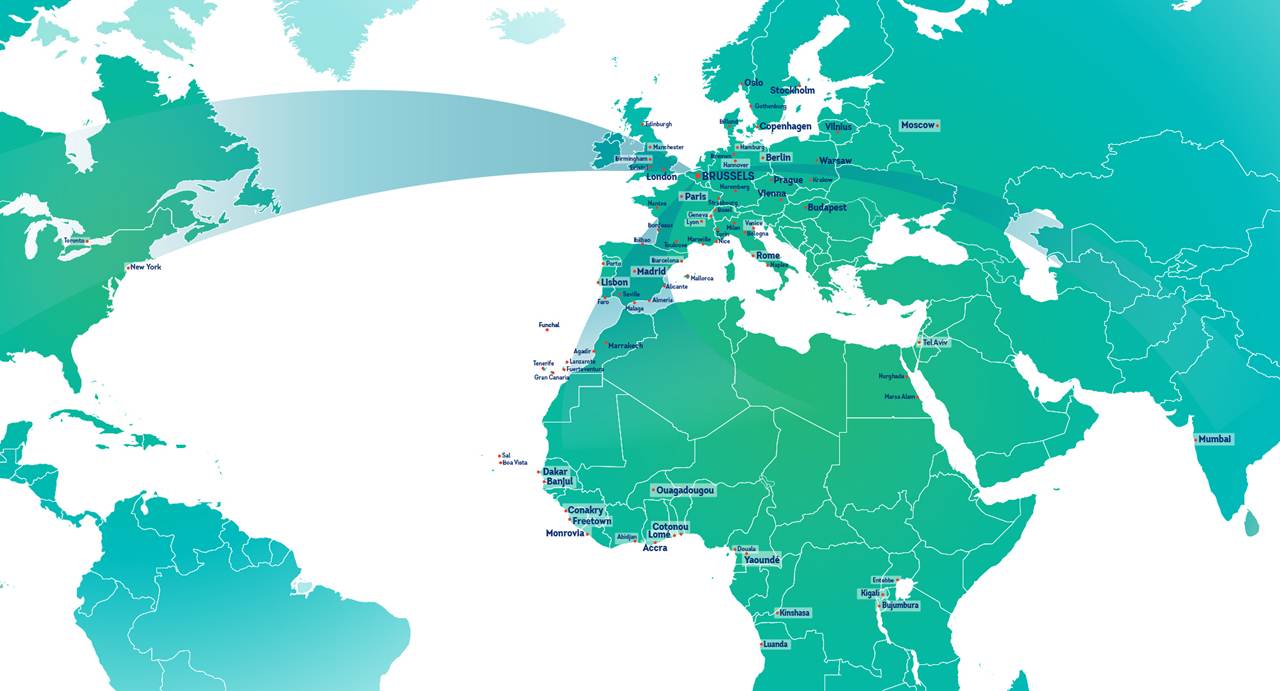 Mapa de rotas do calendário de Inverno da Brussels Airlines