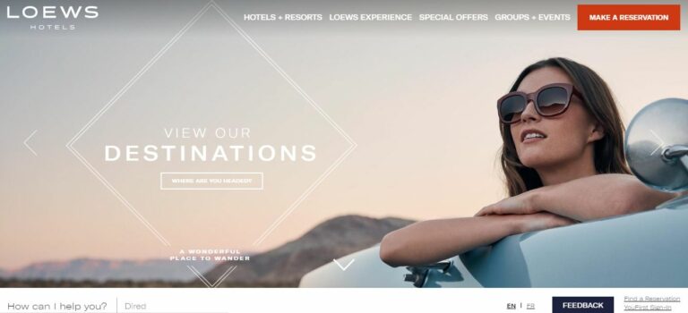 Página inicial do novo site da Loews Hotels