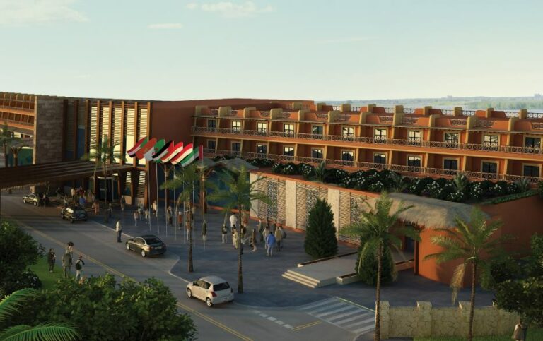 Fachada principal da entrada do Mövenpick Hotel & Residences North Coast