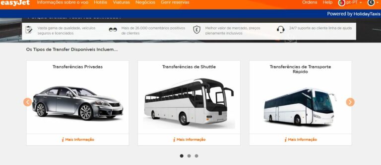 Entrada do portal de transfers da easyJet em colaboração com a HolidayTaxis
