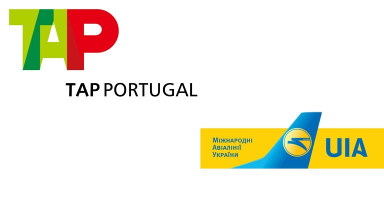 Logo das companhias aéreas Ukraine International Airlines e TAP Air Portugal