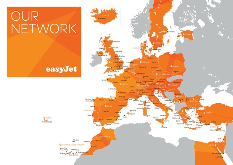 Mapa com os destinos da low cosr easyJet para 2018