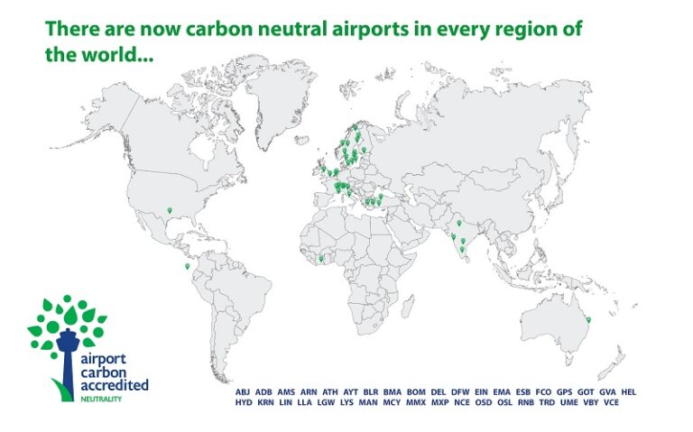 Mapa dos 37 aeroportos neutros em carbono