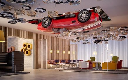Ferrari no tecto do Lobby do hotel Park Inn by Radisson Dubai Motor City