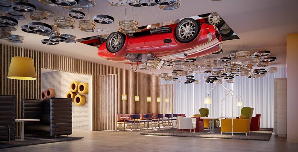 Ferrari no tecto do Lobby do hotel Park Inn by Radisson Dubai Motor City
