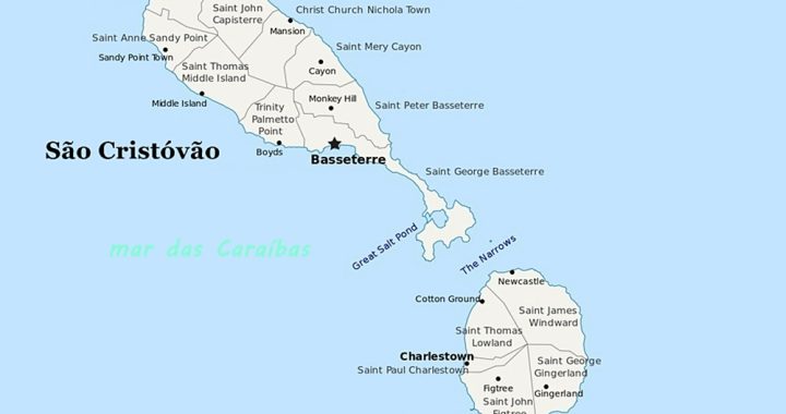 Mapa do estado São Cristóvão e Nevis nas Caraíbas