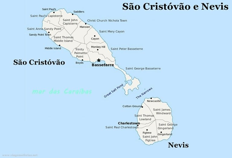 Mapa do estado São Cristóvão e Nevis nas Caraíbas