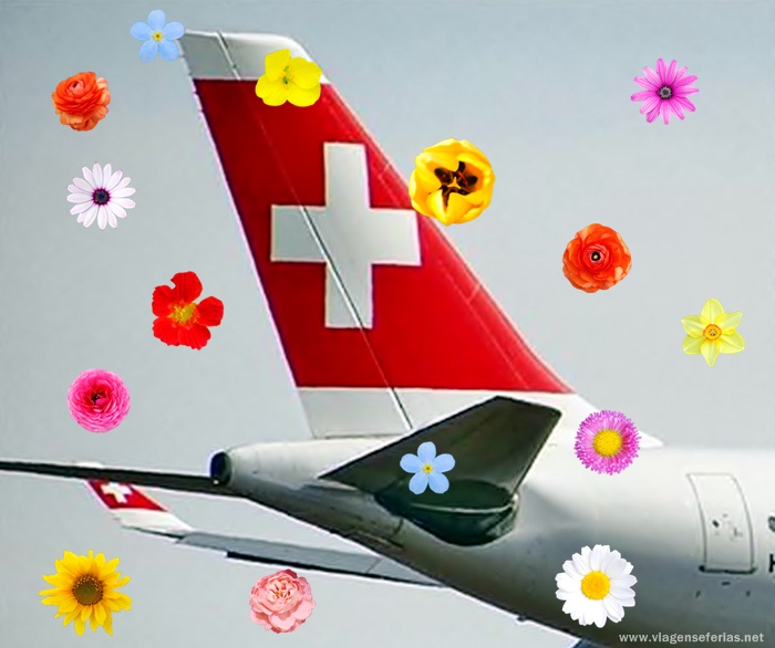 Cauda de uma aeronave da Swiss com flores