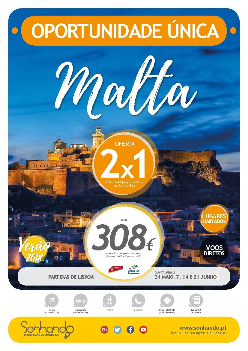 Promoção em férias na ilha de Malta com partidas em Junho desde 308€ por pessoa
