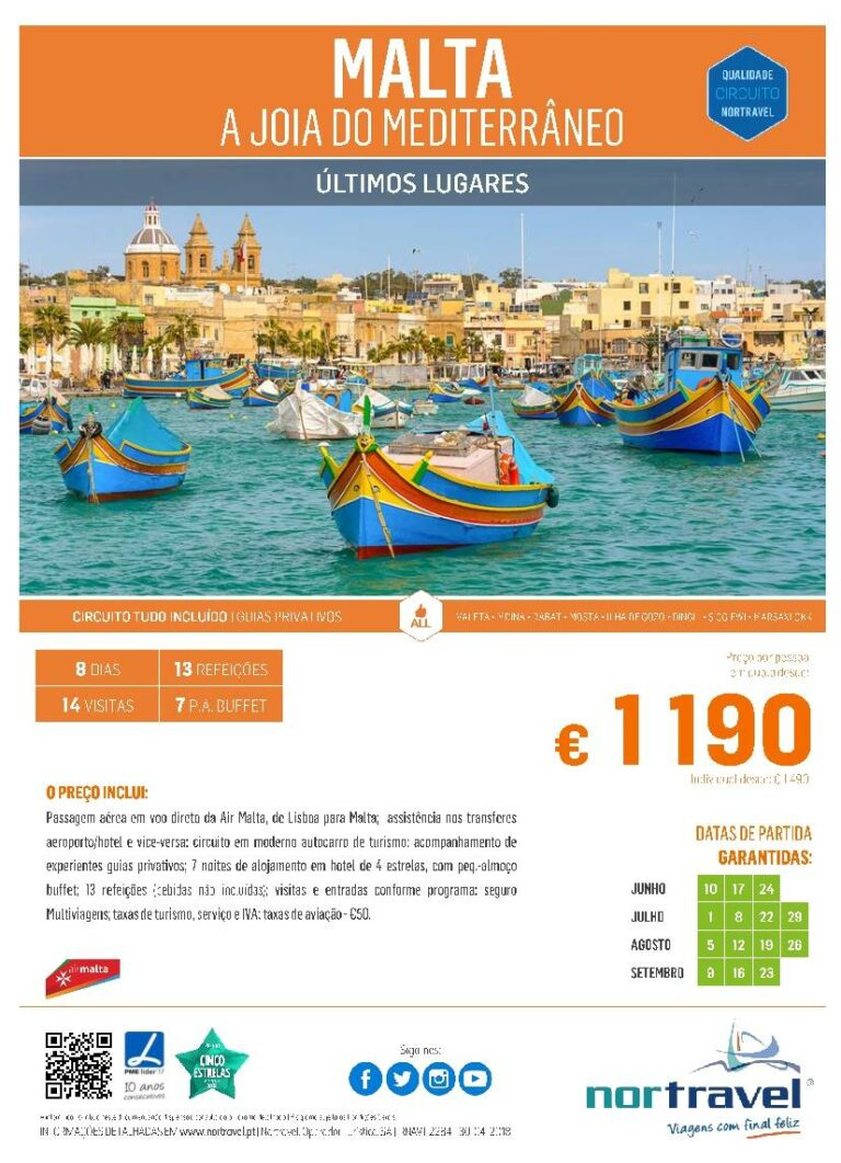 Últimos lugares para circuito em Malta pela Nortravel no Verão