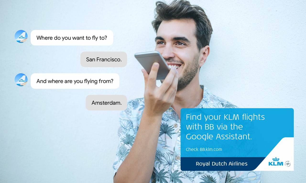 Exemplo da funcionalidade da Blue Bot da KLM no Google Assistente