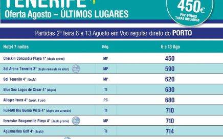 Últimos Lugares para Tenerife desde o Porto em Agosto