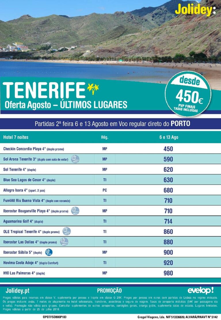 Últimos Lugares para Tenerife desde o Porto em Agosto