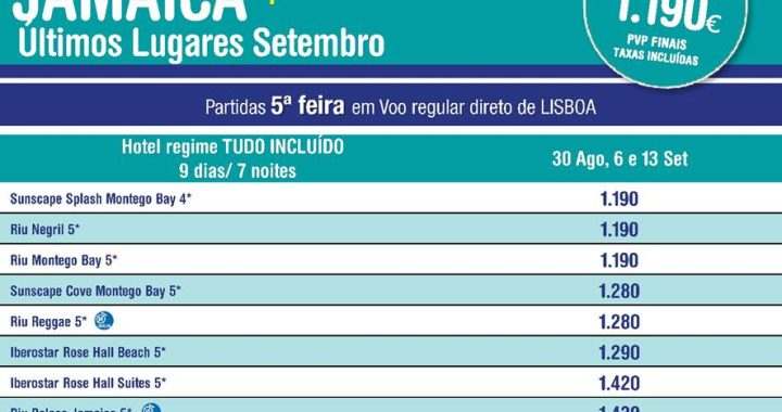 Últimos lugares no pacote de férias para a Jamaica em Setembro