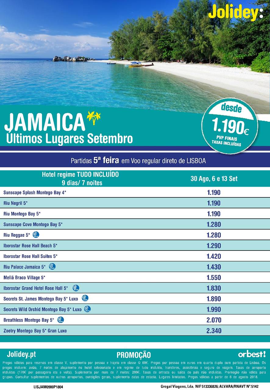 Últimos lugares no pacote de férias para a Jamaica em Setembro